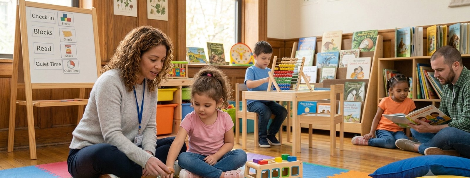 A therapist and children engaged in a home-like therapy session with structured play activities