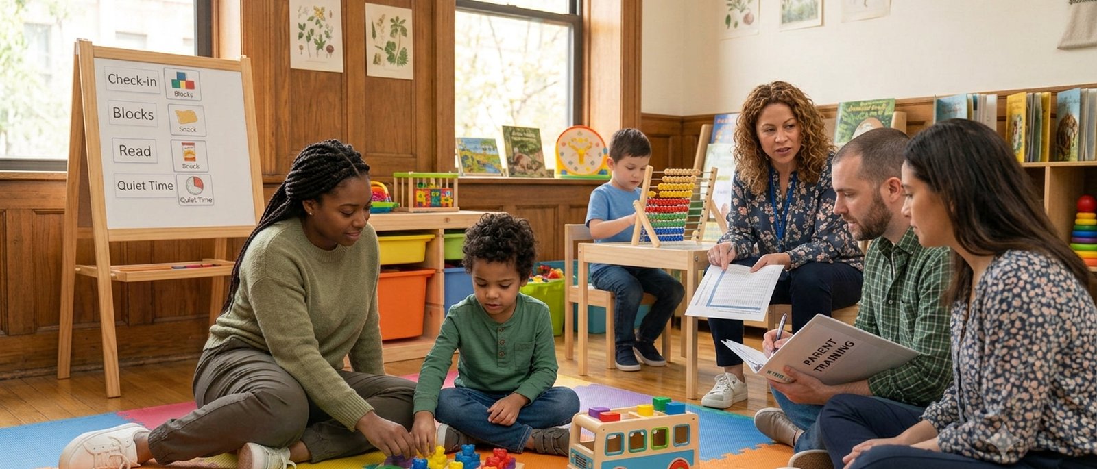 A therapist leading a parent training session with caregivers and children in a classroom setting